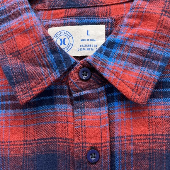 Hurley Shirt Mens LARGE Red & Blue Plaid Flannel Button Up Front Pockets Logo - Picture 6 of 15